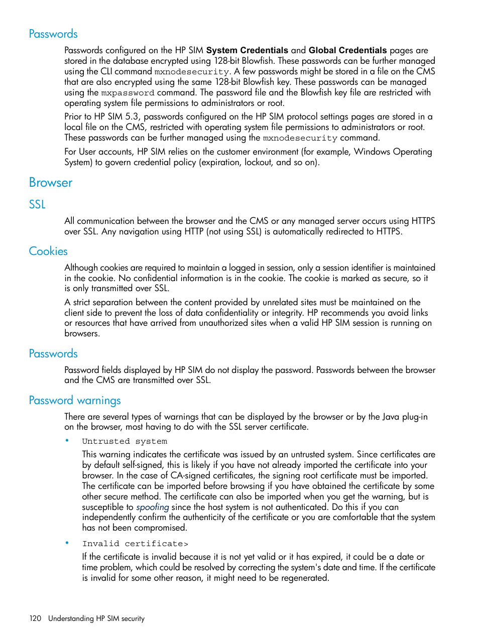 Passwords, Browser, Cookies | Password warnings, Ssl cookies passwords, Ssl cookies passwords password warnings | HP Systems Insight Manager User Manual | Page 120 / 253