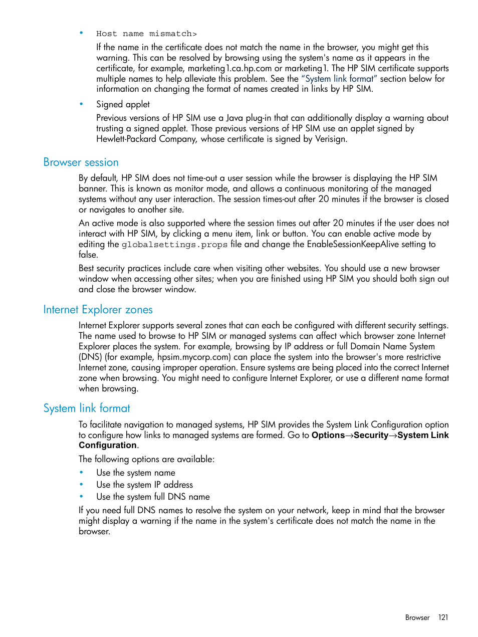 Browser session, Internet explorer zones, System link format | HP Systems Insight Manager User Manual | Page 121 / 253