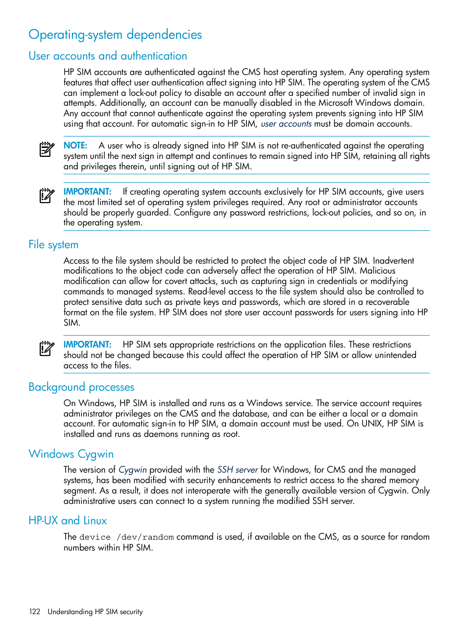 Operating-system dependencies, User accounts and authentication, File system | Background processes, Windows cygwin, Hp-ux and linux | HP Systems Insight Manager User Manual | Page 122 / 253