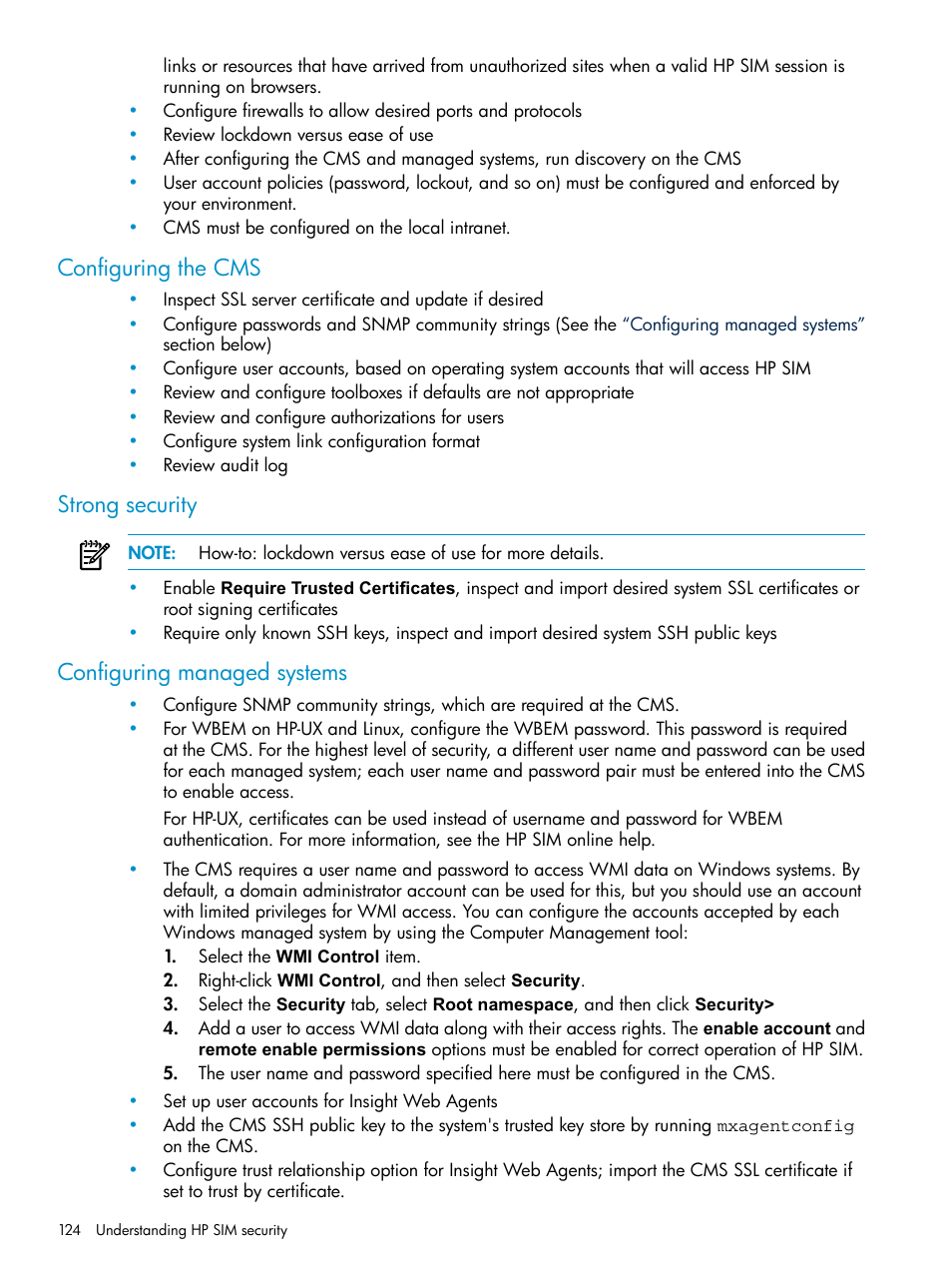 Configuring the cms, Strong security, Configuring managed systems | HP Systems Insight Manager User Manual | Page 124 / 253