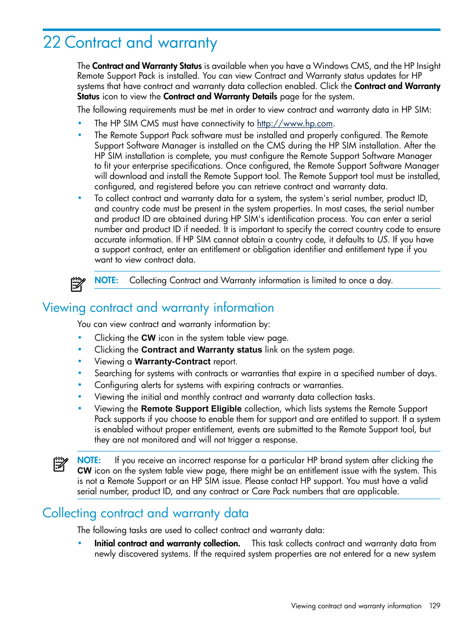 22 contract and warranty, Viewing contract and warranty information, Collecting contract and warranty data | HP Systems Insight Manager User Manual | Page 129 / 253