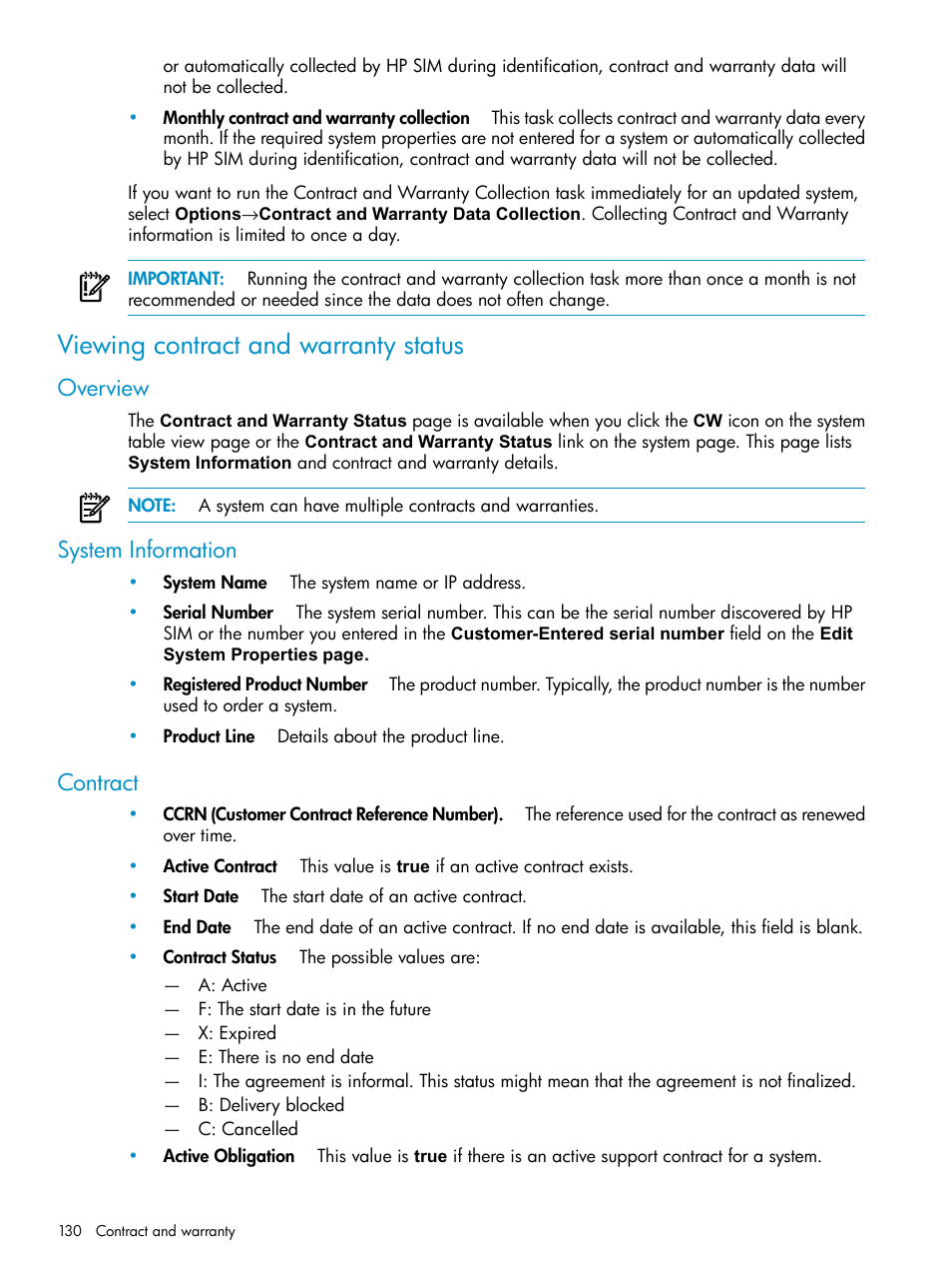Viewing contract and warranty status, Overview, System information | Contract, Overview system information contract | HP Systems Insight Manager User Manual | Page 130 / 253