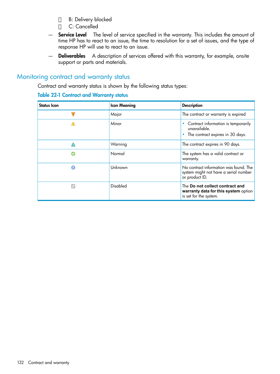 Monitoring contract and warranty status, Contract and warranty status | HP Systems Insight Manager User Manual | Page 132 / 253