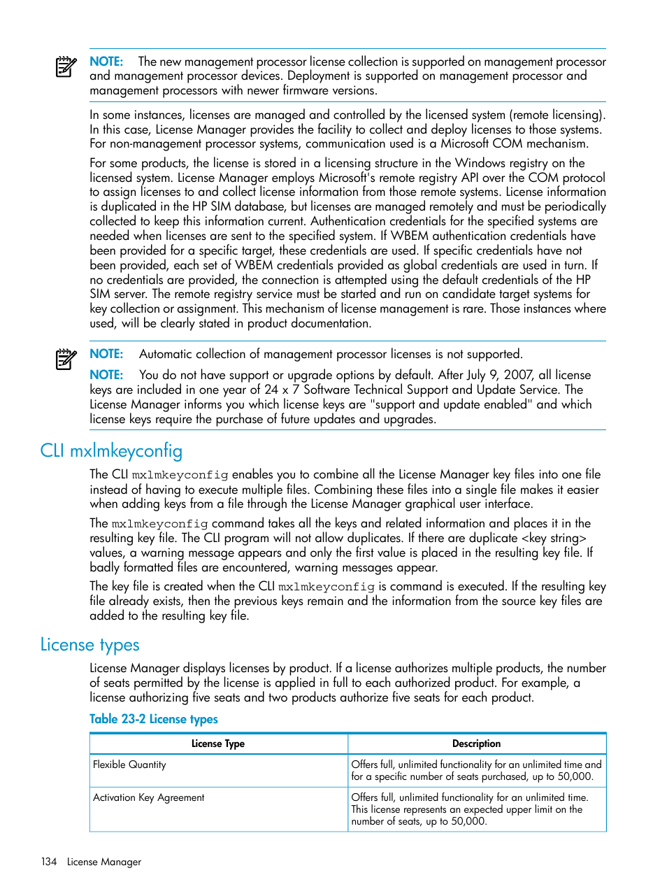 Cli mxlmkeyconfig, License types, Cli mxlmkeyconfig license types | HP Systems Insight Manager User Manual | Page 134 / 253