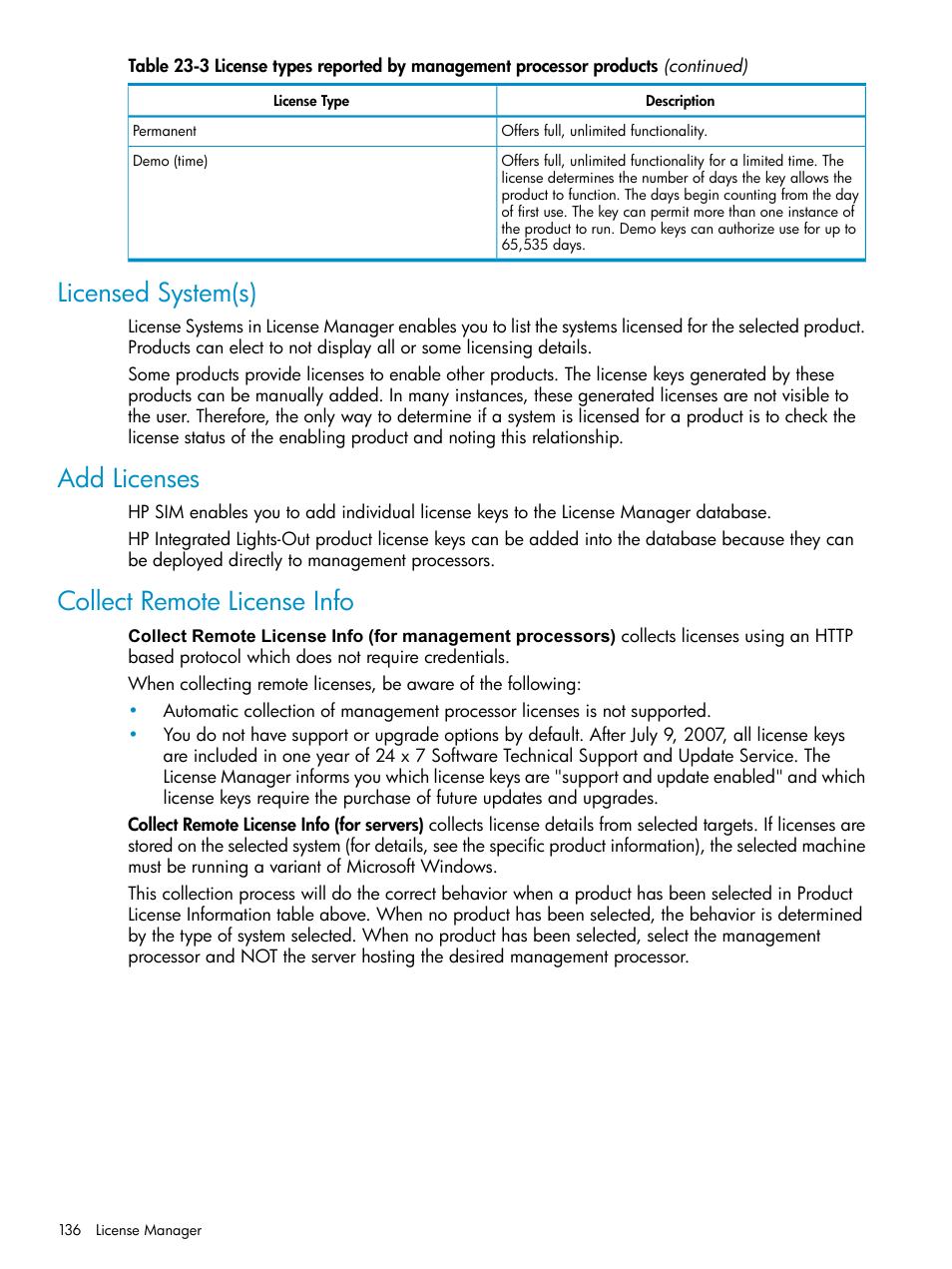 Licensed system(s), Add licenses, Collect remote license info | HP Systems Insight Manager User Manual | Page 136 / 253