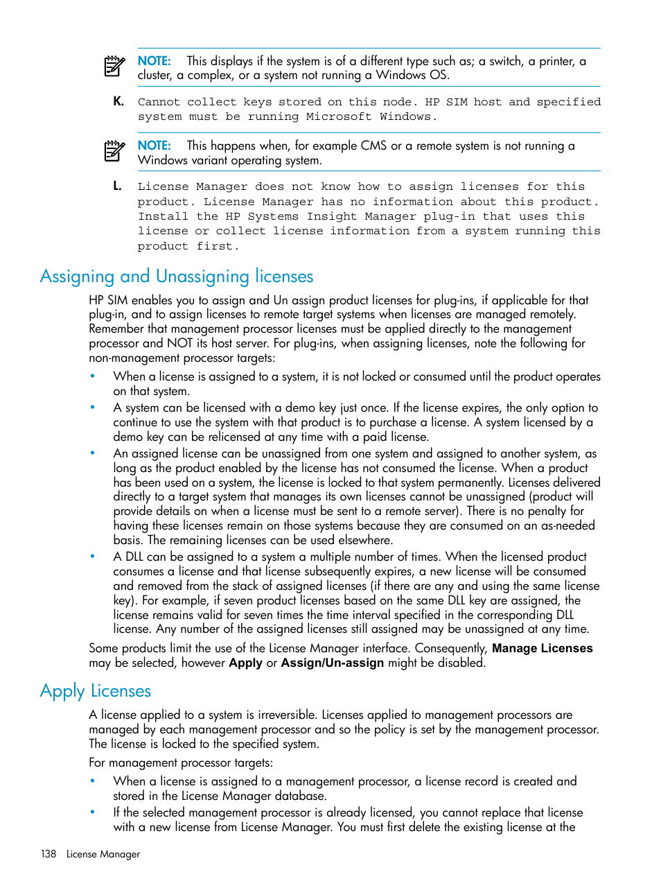 Assigning and unassigning licenses, Apply licenses, Assigning and unassigning licenses apply licenses | HP Systems Insight Manager User Manual | Page 138 / 253