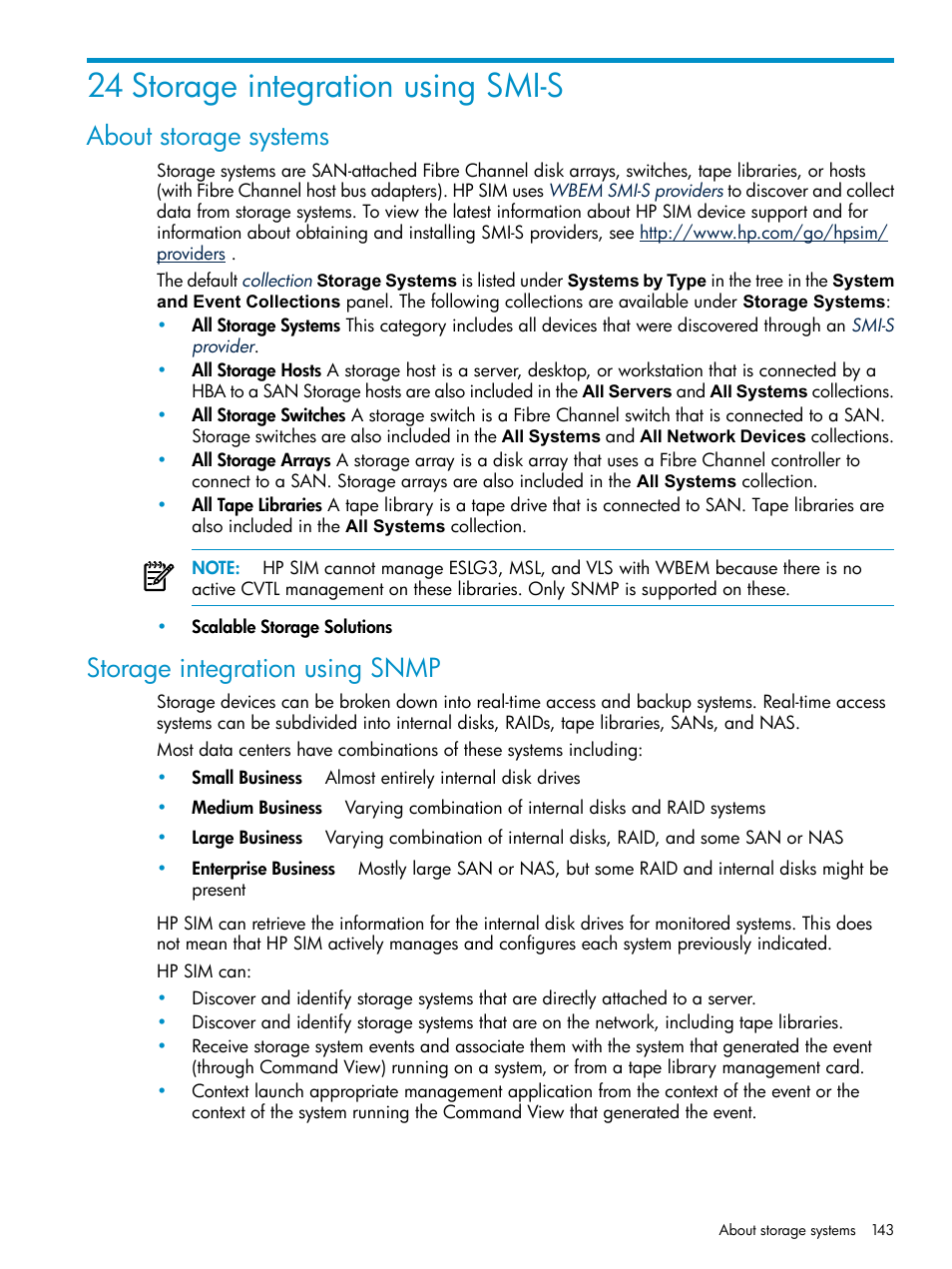 24 storage integration using smi-s, About storage systems, Storage integration using snmp | HP Systems Insight Manager User Manual | Page 143 / 253