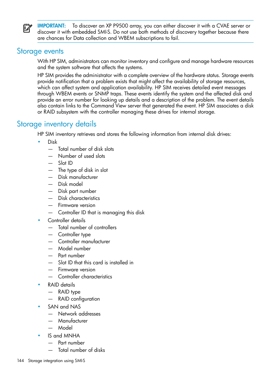 Storage events, Storage inventory details, Storage events storage inventory details | HP Systems Insight Manager User Manual | Page 144 / 253