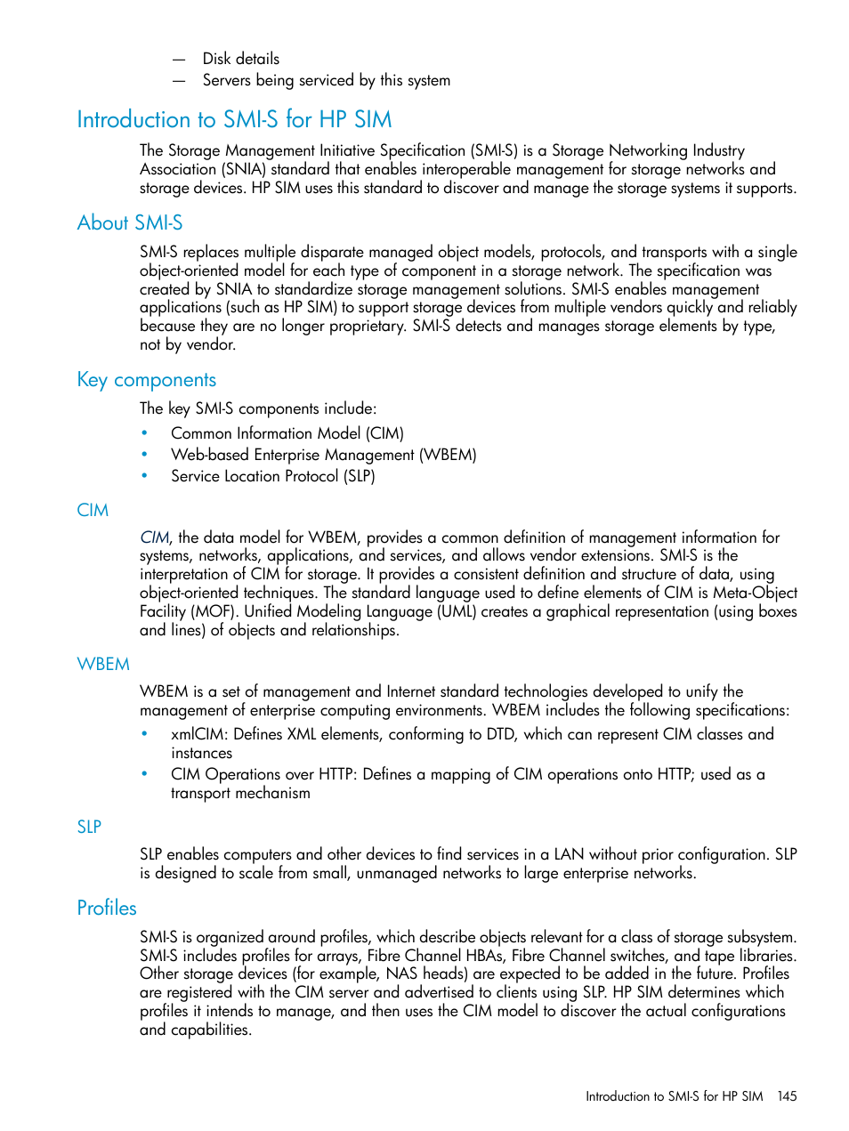 Introduction to smi-s for hp sim, About smi-s, Key components | Wbem, Profiles, About smi-s key components, Cim wbem slp | HP Systems Insight Manager User Manual | Page 145 / 253