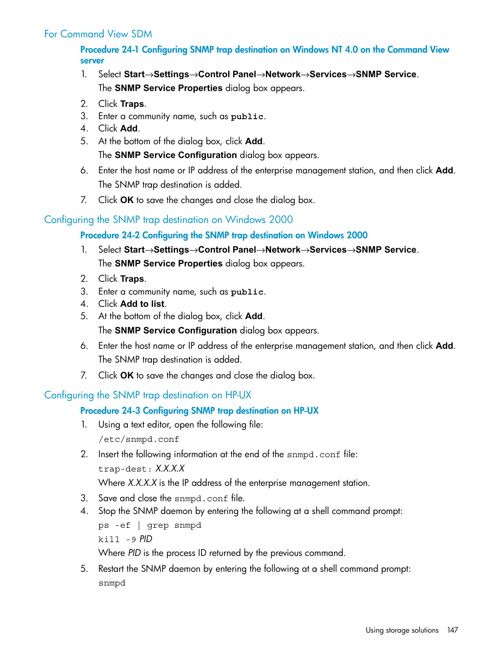 For command view sdm, Configuring the snmp trap destination on hp-ux | HP Systems Insight Manager User Manual | Page 147 / 253