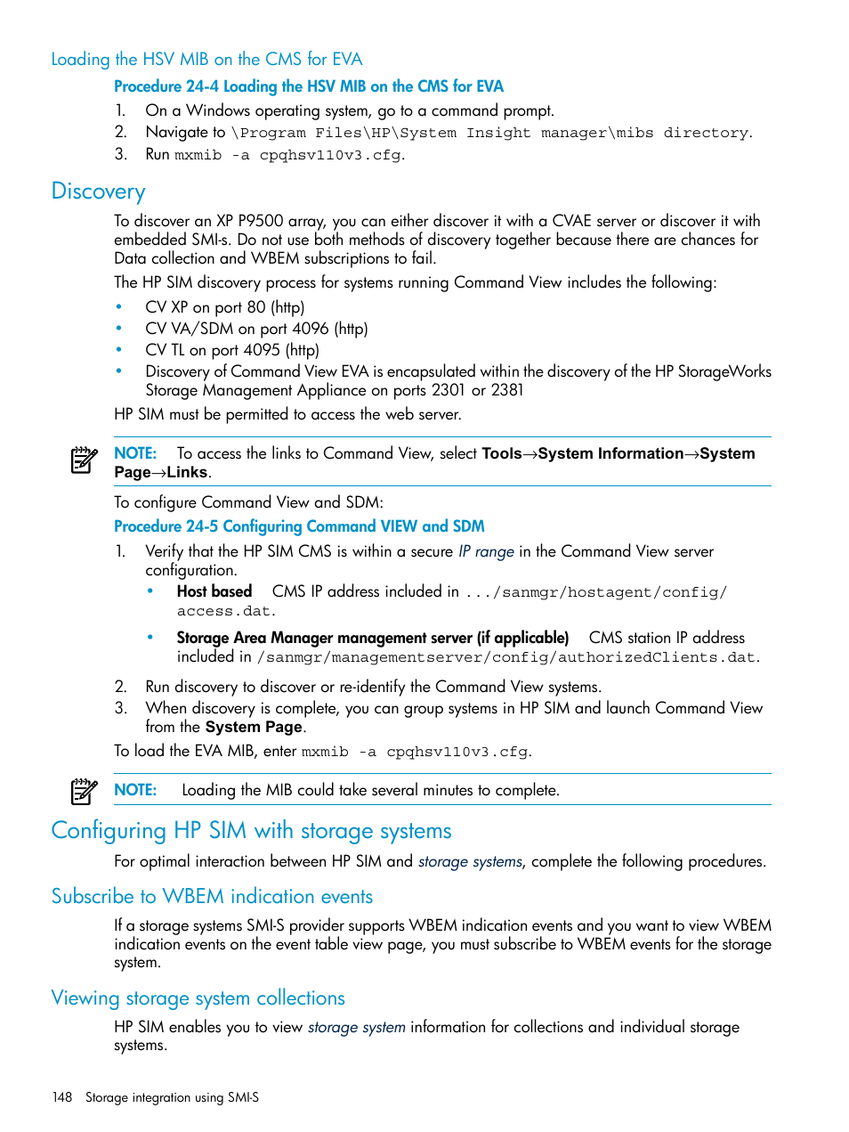 Loading the hsv mib on the cms for eva, Discovery, Configuring hp sim with storage systems | Subscribe to wbem indication events, Viewing storage system collections, Discovery configuring hp sim with storage systems | HP Systems Insight Manager User Manual | Page 148 / 253