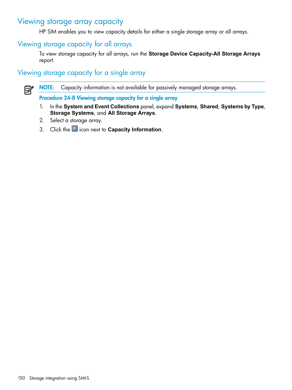 Viewing storage array capacity, Viewing storage capacity for all arrays, Viewing storage capacity for a single array | HP Systems Insight Manager User Manual | Page 150 / 253