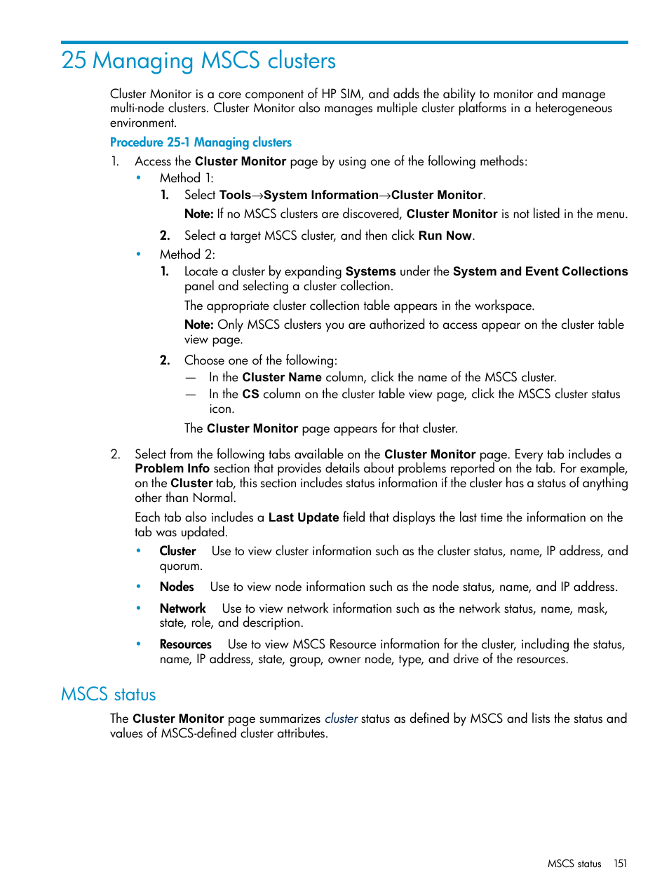 25 managing mscs clusters, Mscs status | HP Systems Insight Manager User Manual | Page 151 / 253