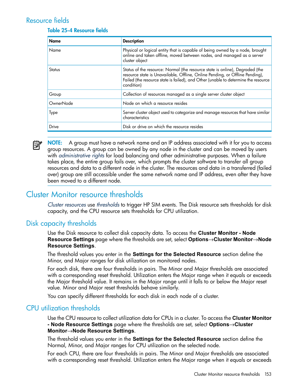 Resource fields, Cluster monitor resource thresholds, Disk capacity thresholds | Cpu utilization thresholds | HP Systems Insight Manager User Manual | Page 153 / 253