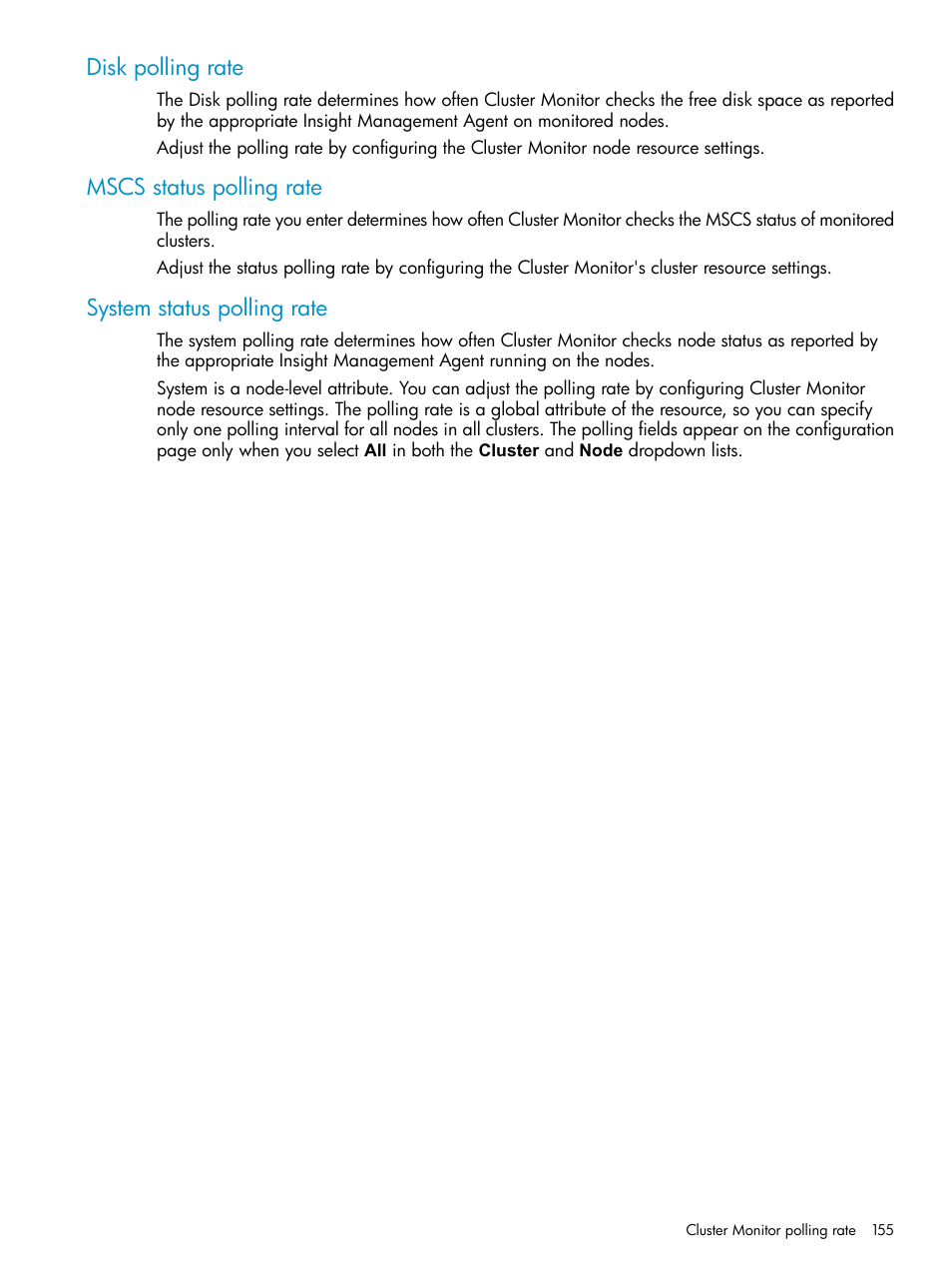 Disk polling rate, Mscs status polling rate, System status polling rate | HP Systems Insight Manager User Manual | Page 155 / 253