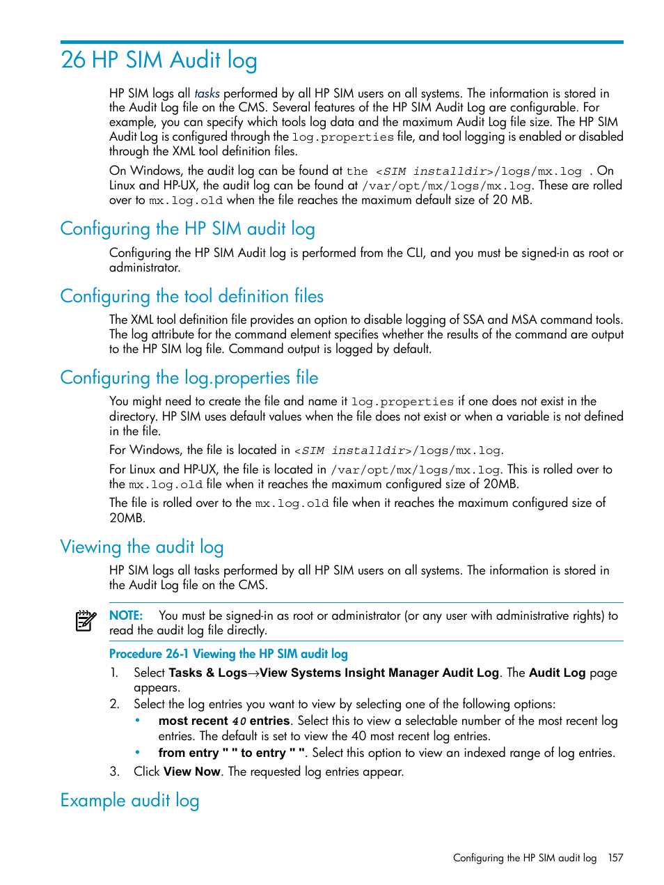 26 hp sim audit log, Configuring the hp sim audit log, Configuring the tool definition files | Configuring the log.properties file, Viewing the audit log, Example audit log, Viewing the audit log example audit log | HP Systems Insight Manager User Manual | Page 157 / 253