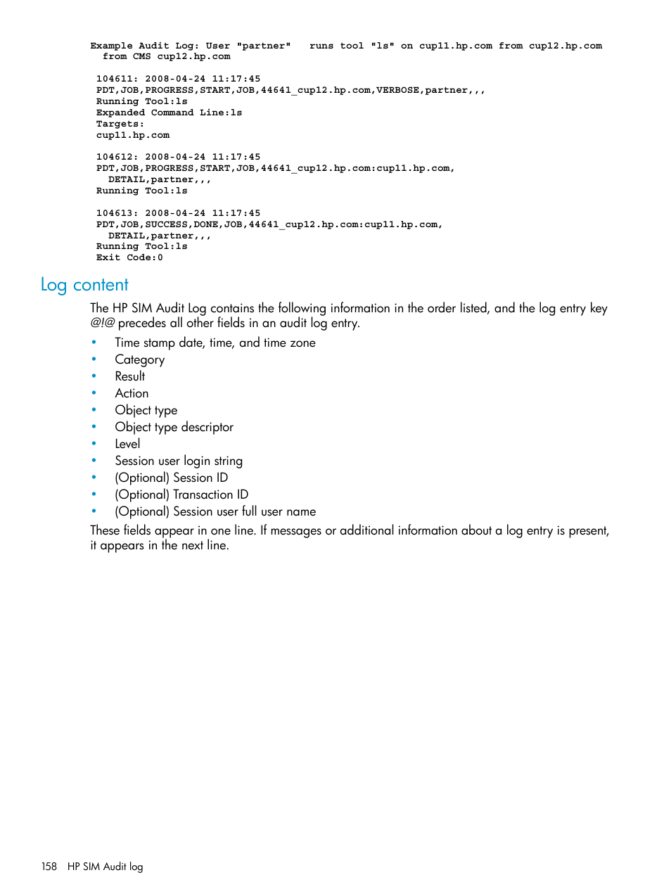 Log content | HP Systems Insight Manager User Manual | Page 158 / 253