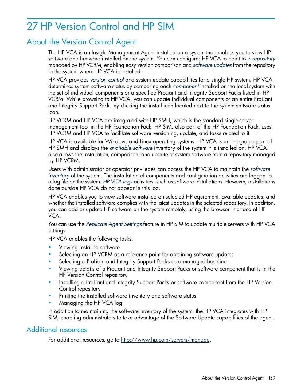 27 hp version control and hp sim, About the version control agent, Additional resources | HP Systems Insight Manager User Manual | Page 159 / 253