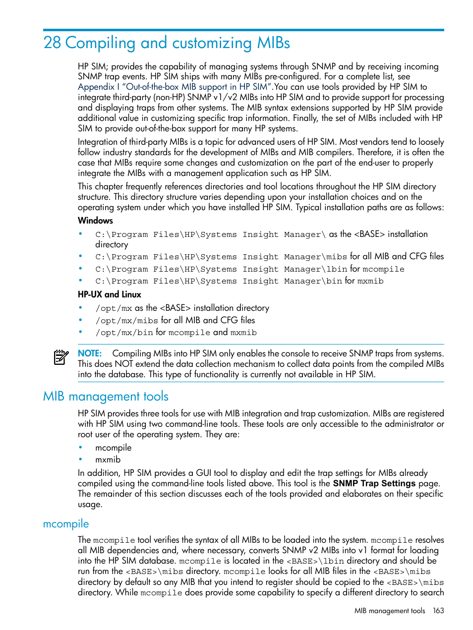 28 compiling and customizing mibs, Mib management tools, Mcompile | HP Systems Insight Manager User Manual | Page 163 / 253