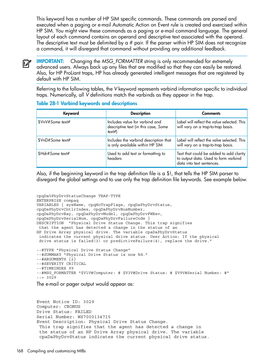 Varbind keywords and descriptions | HP Systems Insight Manager User Manual | Page 168 / 253