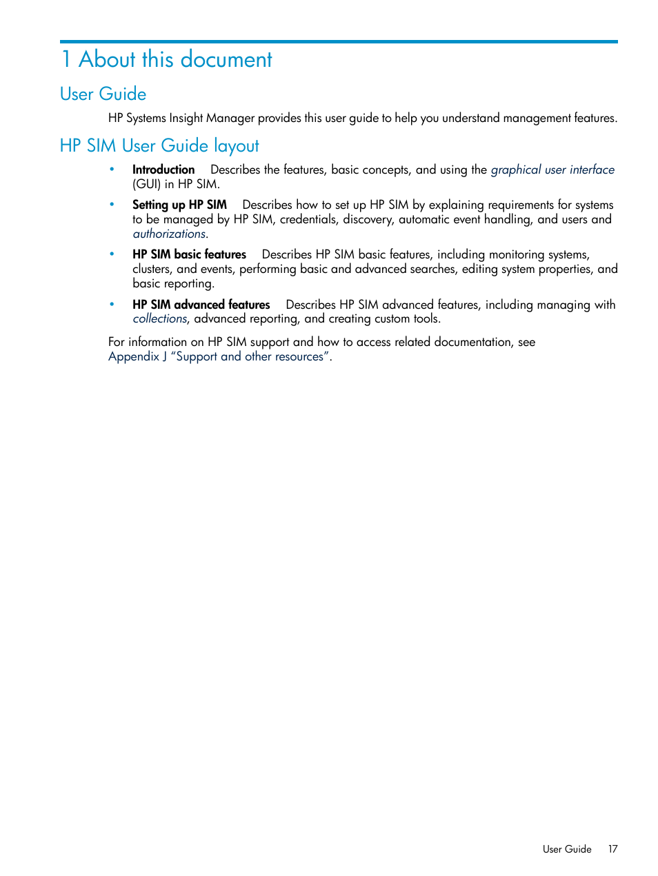 1 about this document, User guide, Hp sim user guide layout | User guide hp sim user guide layout | HP Systems Insight Manager User Manual | Page 17 / 253