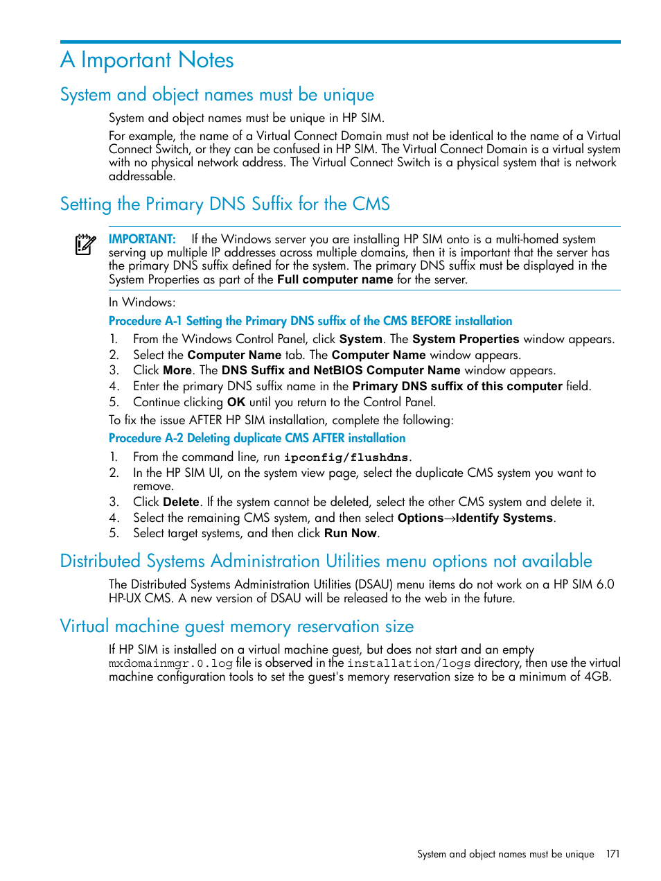 A important notes, System and object names must be unique, Setting the primary dns suffix for the cms | Virtual machine guest memory reservation size | HP Systems Insight Manager User Manual | Page 171 / 253