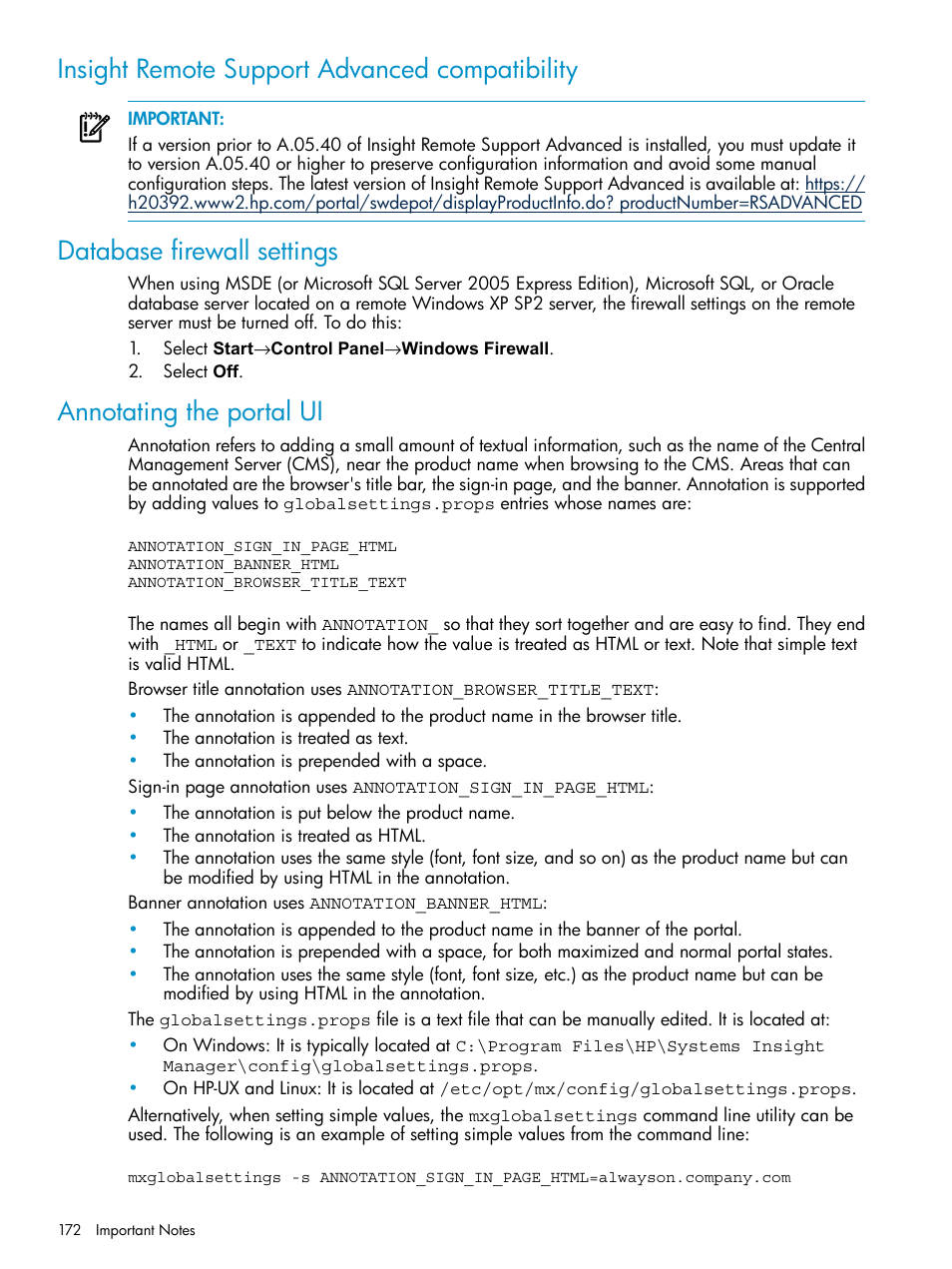 Insight remote support advanced compatibility, Database firewall settings, Annotating the portal ui | HP Systems Insight Manager User Manual | Page 172 / 253