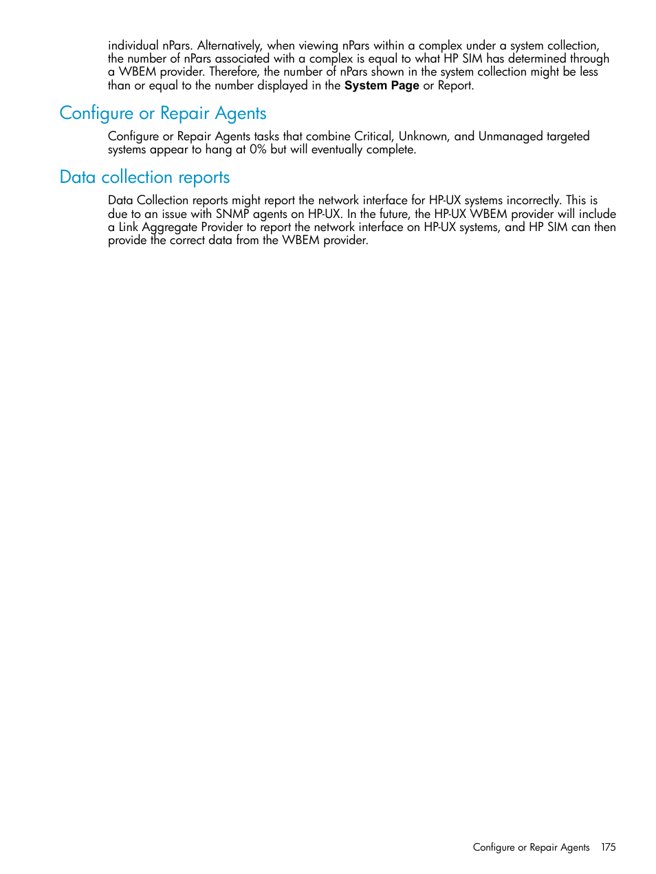 Configure or repair agents, Data collection reports, Configure or repair agents data collection reports | HP Systems Insight Manager User Manual | Page 175 / 253
