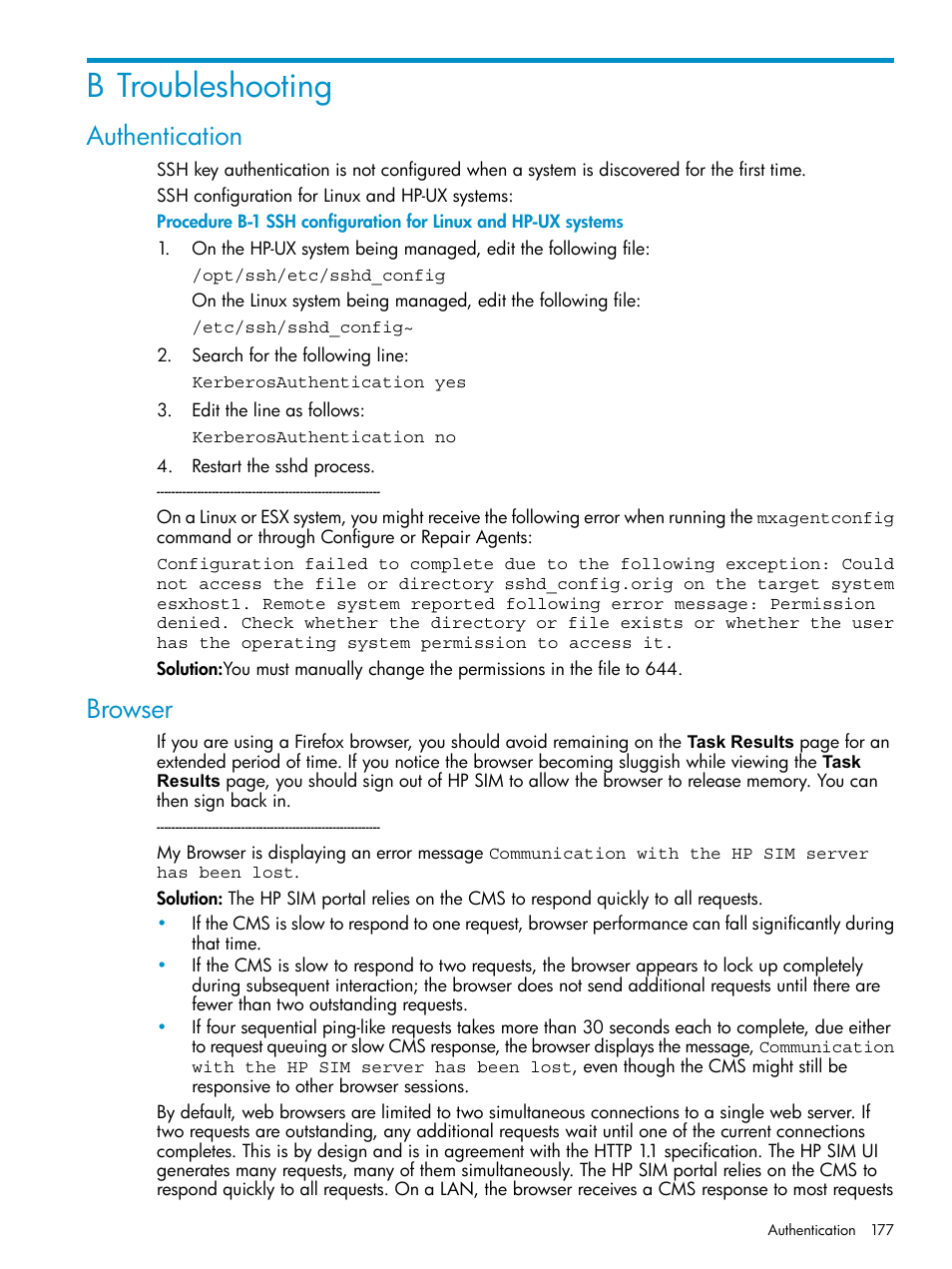 B troubleshooting, Authentication, Browser | Authentication browser | HP Systems Insight Manager User Manual | Page 177 / 253