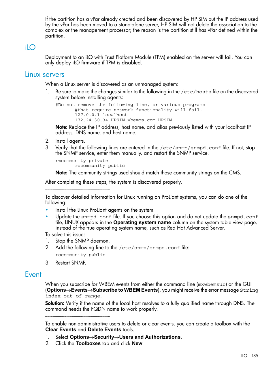 Linux servers, Event, Ilo linux servers event | HP Systems Insight Manager User Manual | Page 185 / 253
