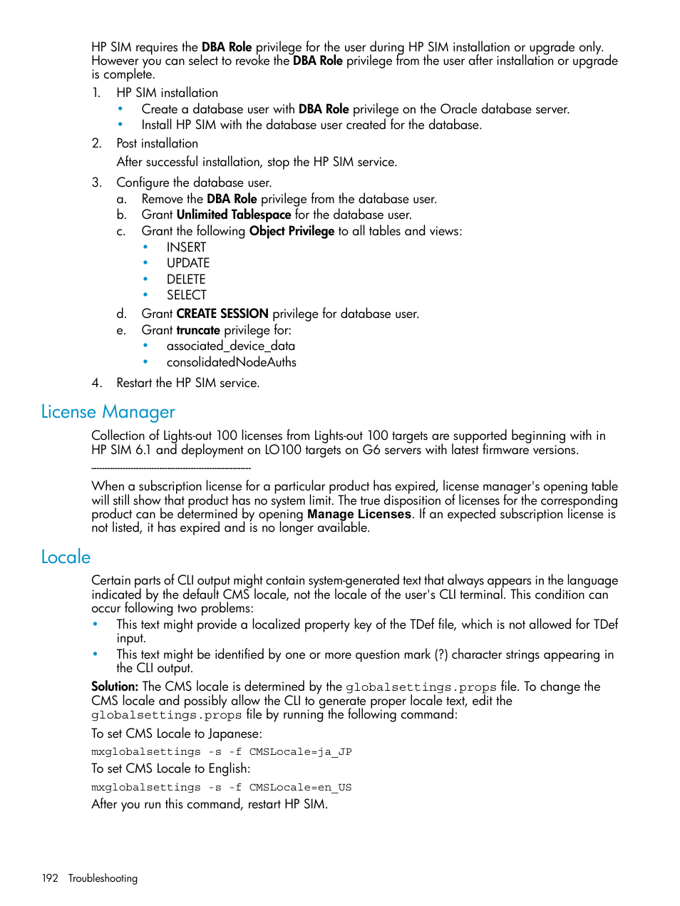 License manager, Locale, License manager locale | HP Systems Insight Manager User Manual | Page 192 / 253