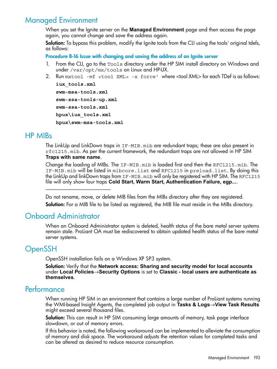 Managed environment, Hp mibs, Onboard administrator | Openssh, Performance | HP Systems Insight Manager User Manual | Page 193 / 253