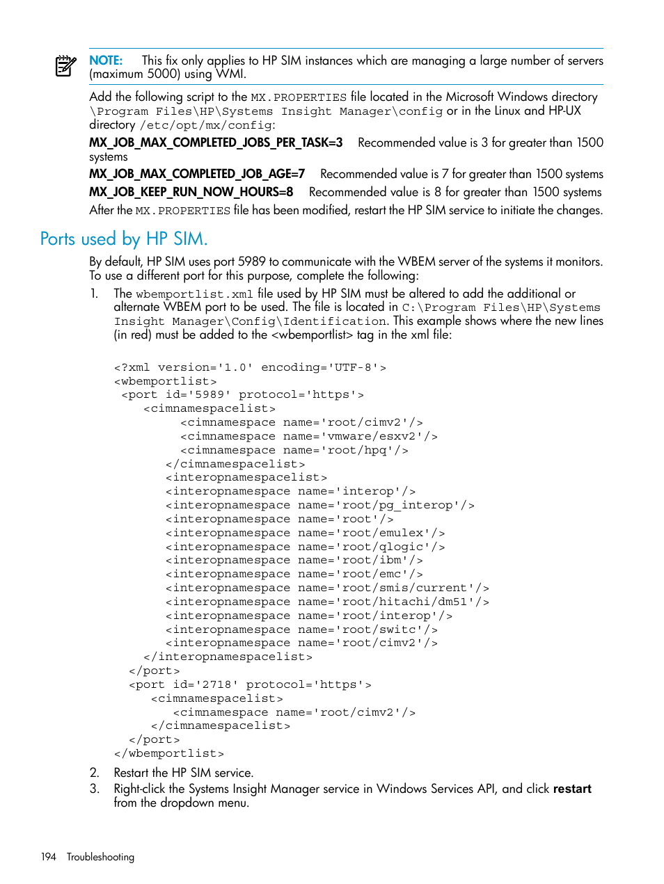 Ports used by hp sim | HP Systems Insight Manager User Manual | Page 194 / 253
