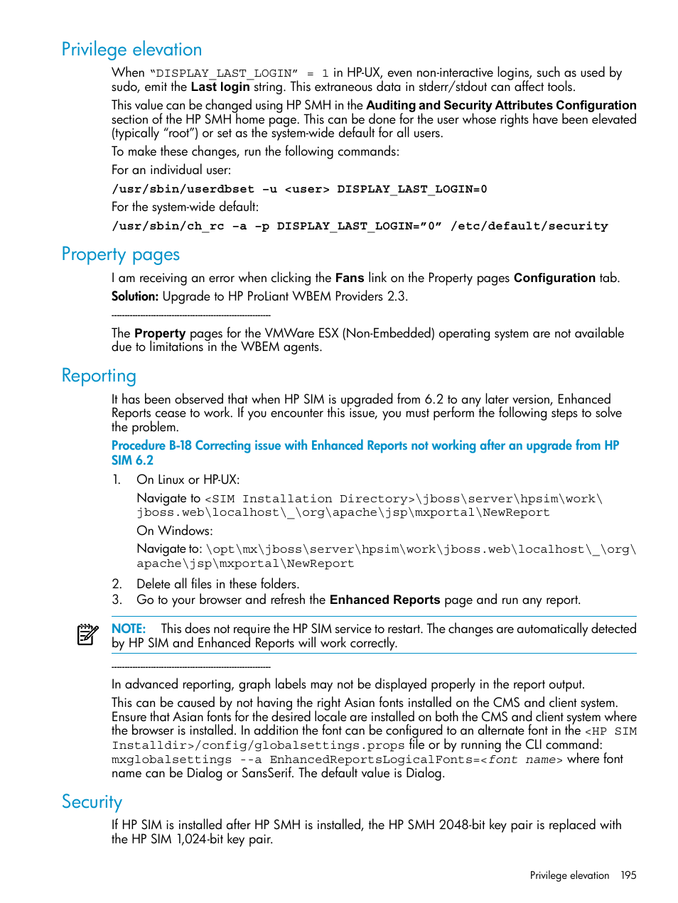 Privilege elevation, Reporting, Security | Property pages | HP Systems Insight Manager User Manual | Page 195 / 253