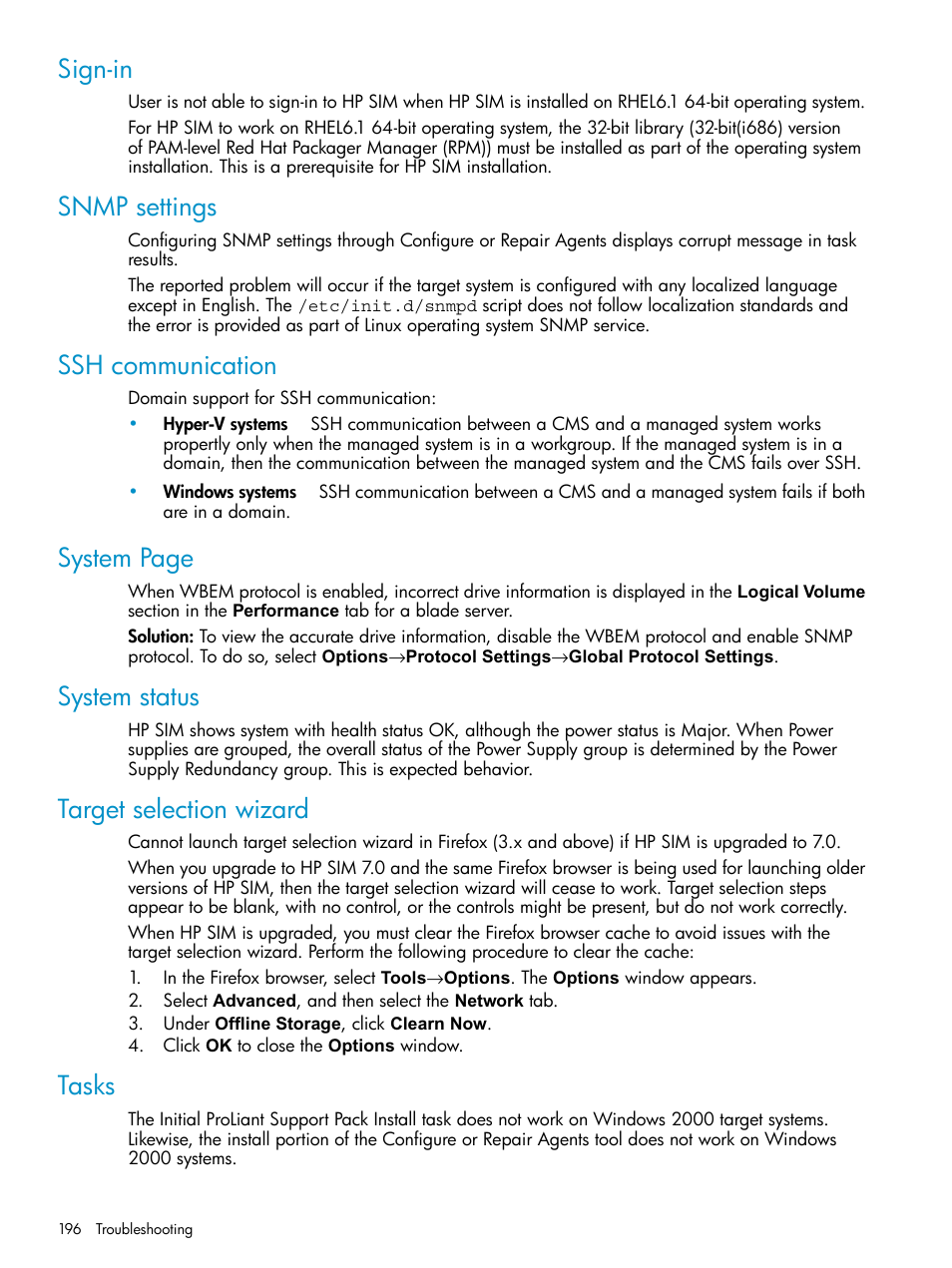Sign-in, Snmp settings, Ssh communication | System status, Target selection wizard, Tasks, System page | HP Systems Insight Manager User Manual | Page 196 / 253