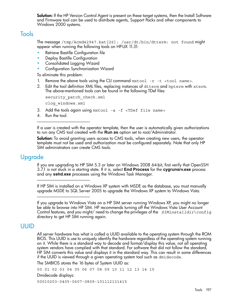 Tools, Upgrade, Uuid | Tools upgrade uuid | HP Systems Insight Manager User Manual | Page 197 / 253