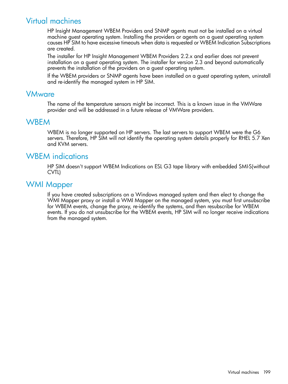 Virtual machines, Vmware, Wbem | Wbem indications, Wmi mapper | HP Systems Insight Manager User Manual | Page 199 / 253