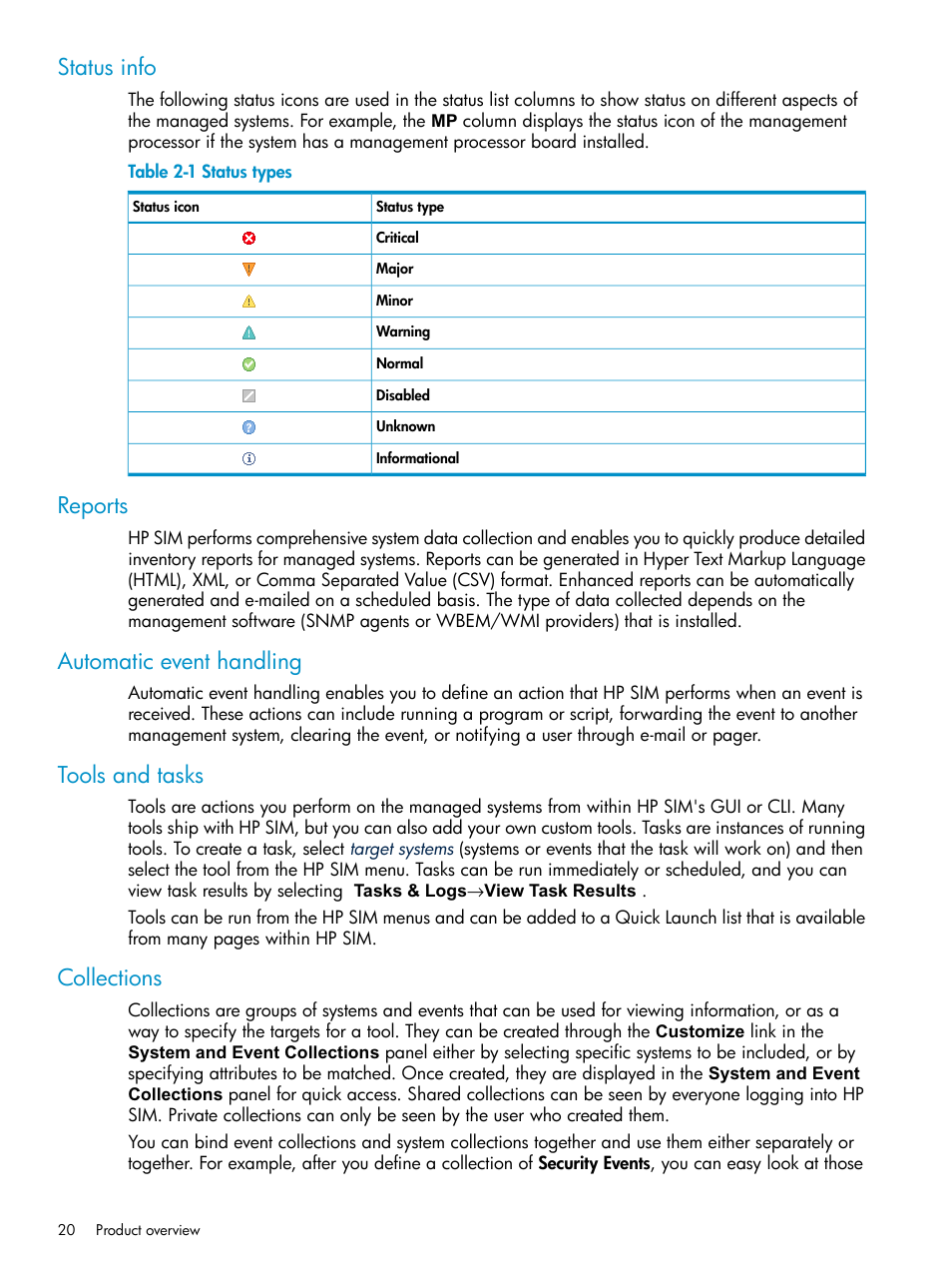 Status info, Reports, Automatic event handling | Tools and tasks, Collections, Status types | HP Systems Insight Manager User Manual | Page 20 / 253