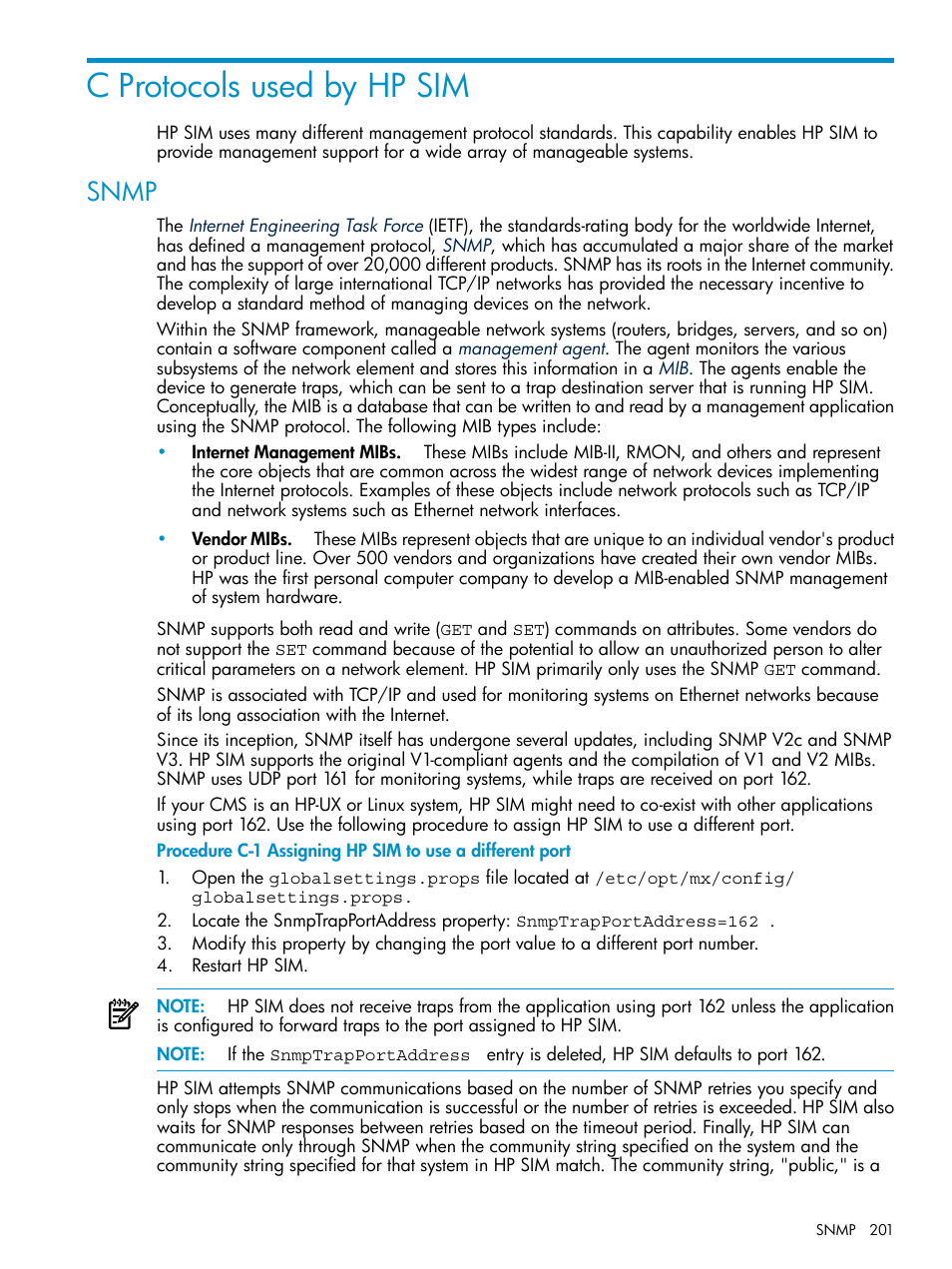 C protocols used by hp sim, Snmp | HP Systems Insight Manager User Manual | Page 201 / 253