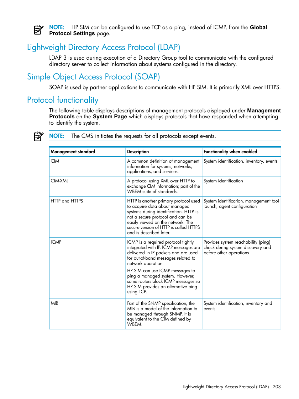 Lightweight directory access protocol (ldap), Simple object access protocol (soap), Protocol functionality | HP Systems Insight Manager User Manual | Page 203 / 253