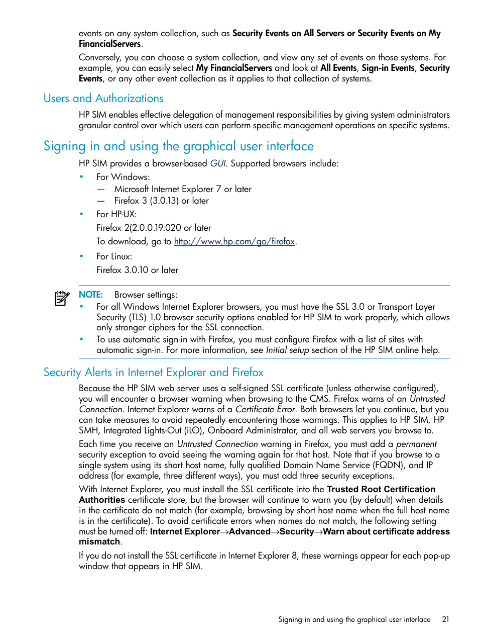 Users and authorizations, Signing in and using the graphical user interface, Security alerts in internet explorer and firefox | HP Systems Insight Manager User Manual | Page 21 / 253