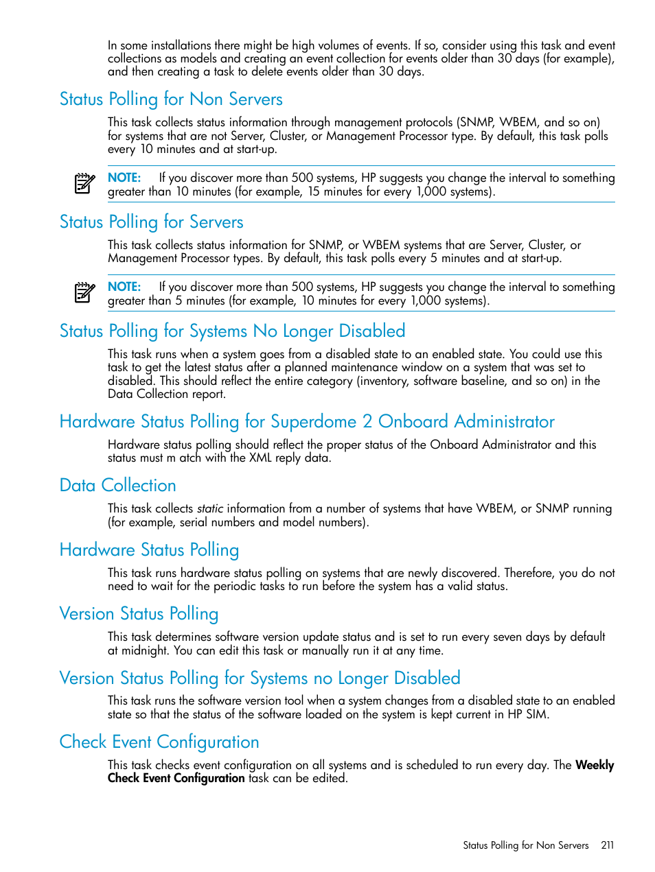 Status polling for non servers, Status polling for servers, Status polling for systems no longer disabled | Data collection, Hardware status polling, Version status polling, Check event configuration, Note | HP Systems Insight Manager User Manual | Page 211 / 253