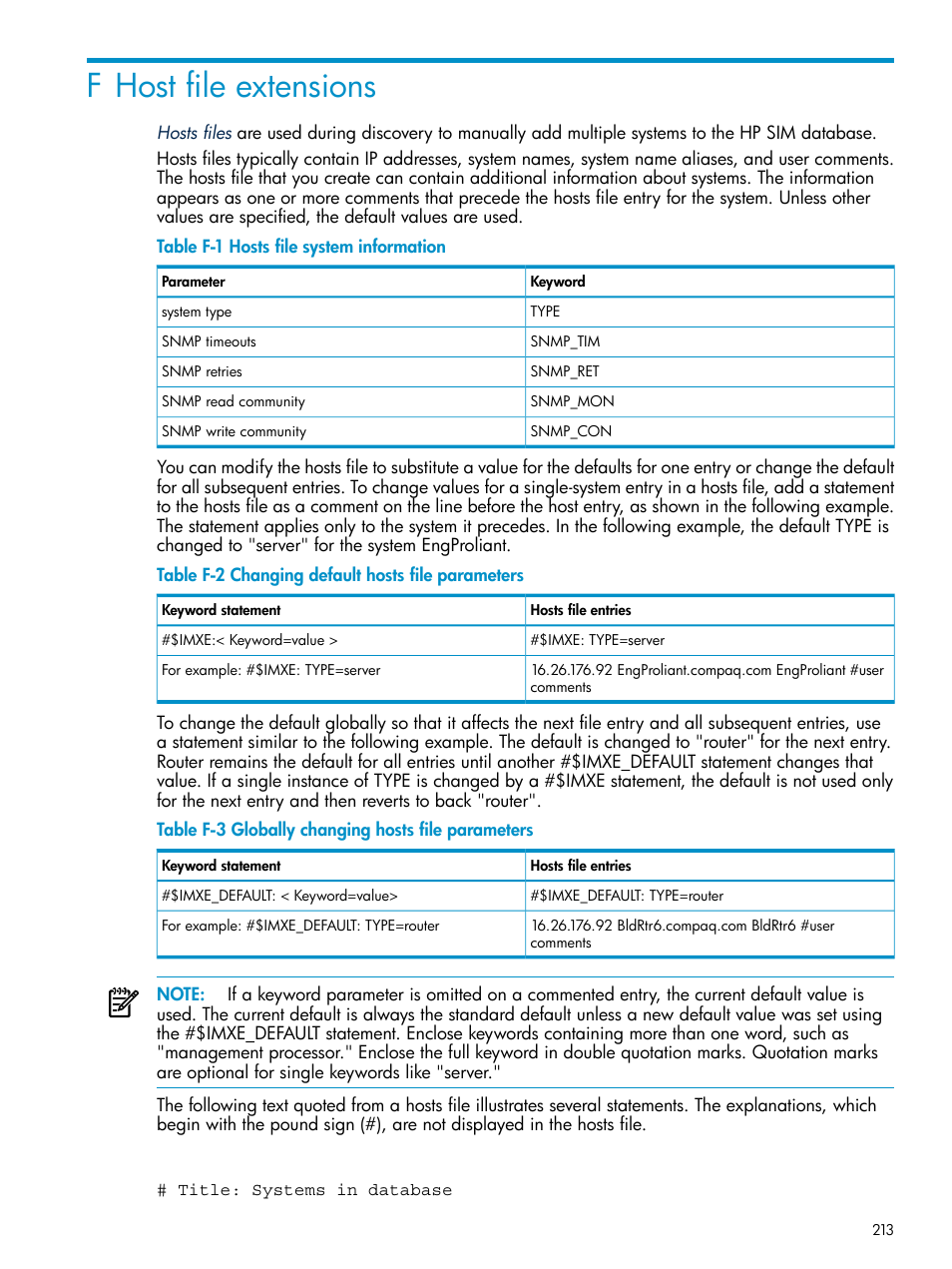 F host file extensions, Hosts file system information, Changing default hosts file parameters | Globally changing hosts file parameters | HP Systems Insight Manager User Manual | Page 213 / 253