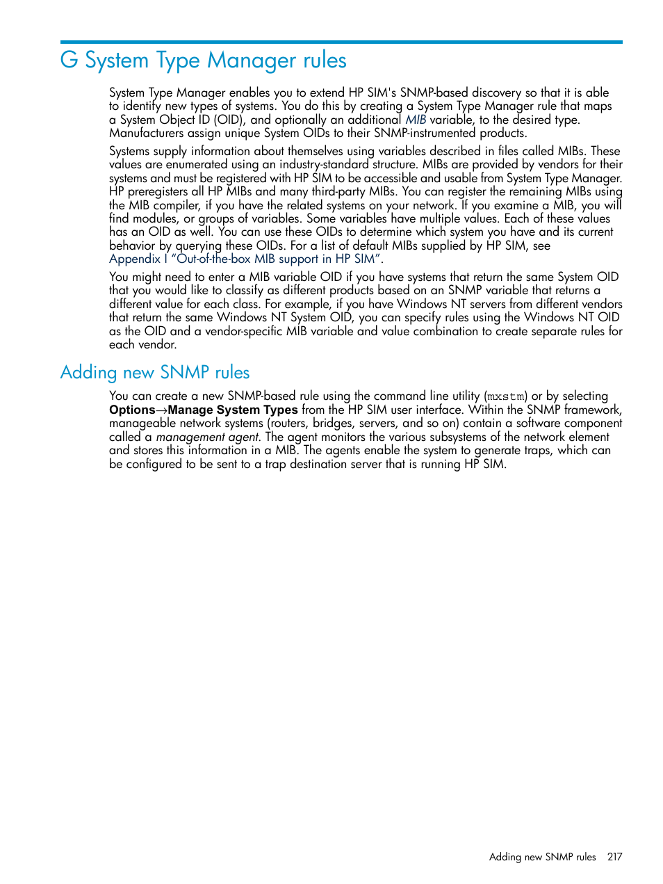 G system type manager rules, Adding new snmp rules | HP Systems Insight Manager User Manual | Page 217 / 253