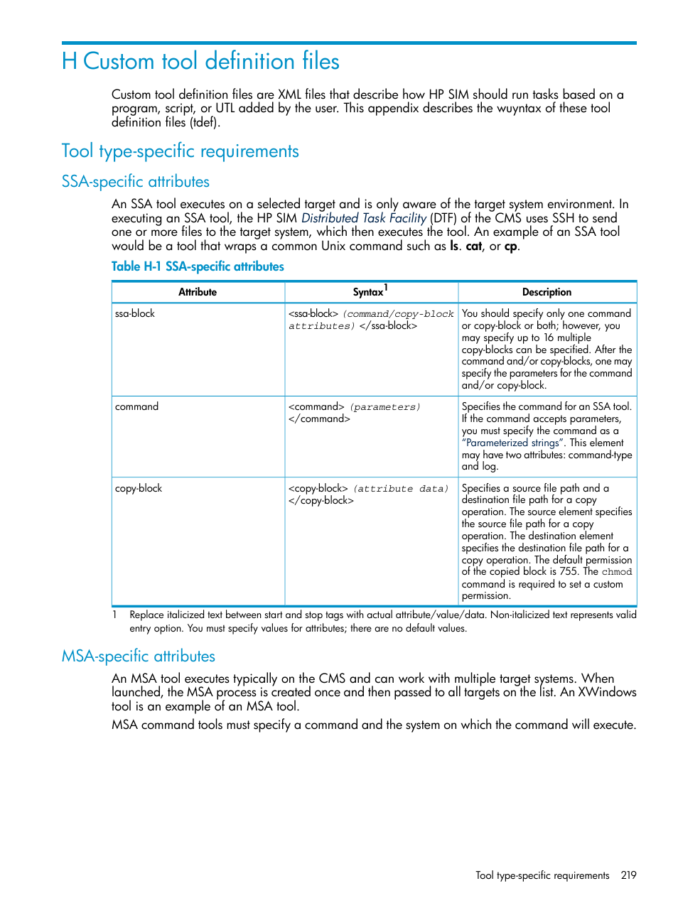 H custom tool definition files, Tool type-specific requirements, Ssa-specific attributes | Msa-specific attributes, Ssa-specific attributes msa-specific attributes | HP Systems Insight Manager User Manual | Page 219 / 253