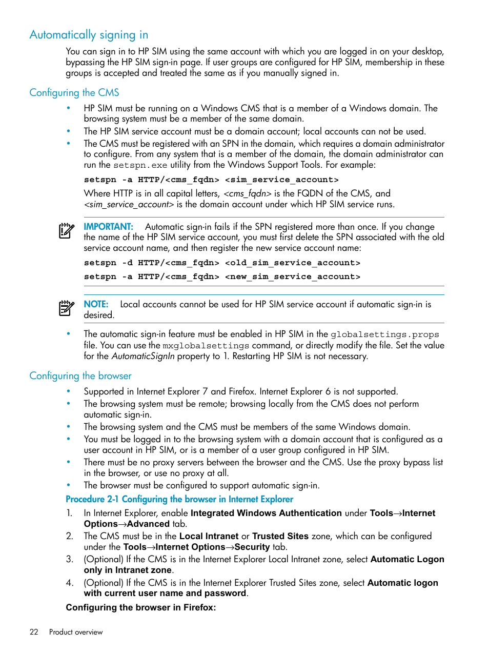 Automatically signing in, Configuring the cms, Configuring the browser | Configuring the cms configuring the browser | HP Systems Insight Manager User Manual | Page 22 / 253