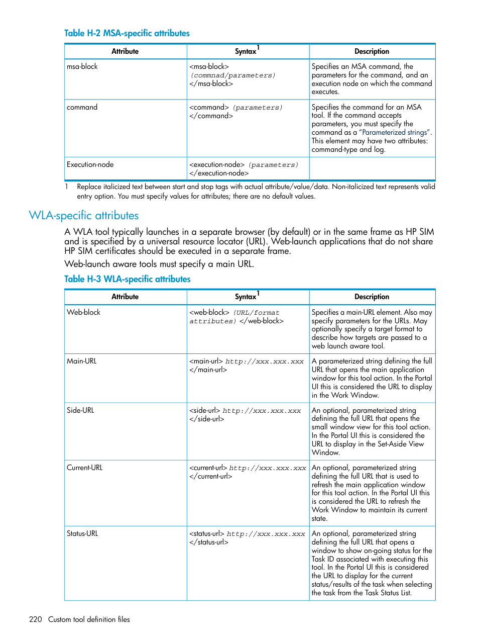 Wla-specific attributes, Msa-specific attributes, Wla-specific | Attributes | HP Systems Insight Manager User Manual | Page 220 / 253