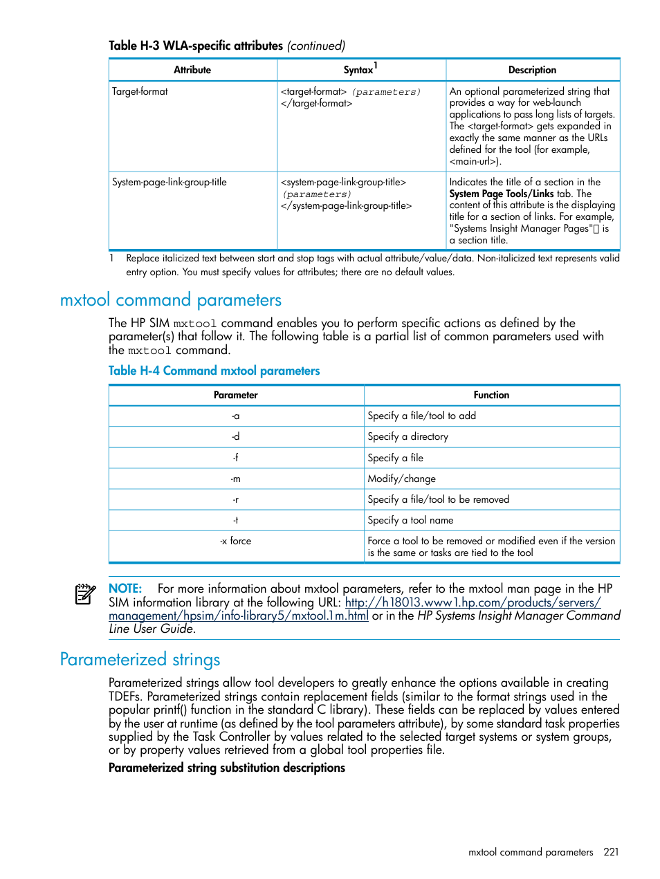 Mxtool command parameters, Parameterized strings, Mxtool command parameters parameterized strings | Command mxtool parameters | HP Systems Insight Manager User Manual | Page 221 / 253