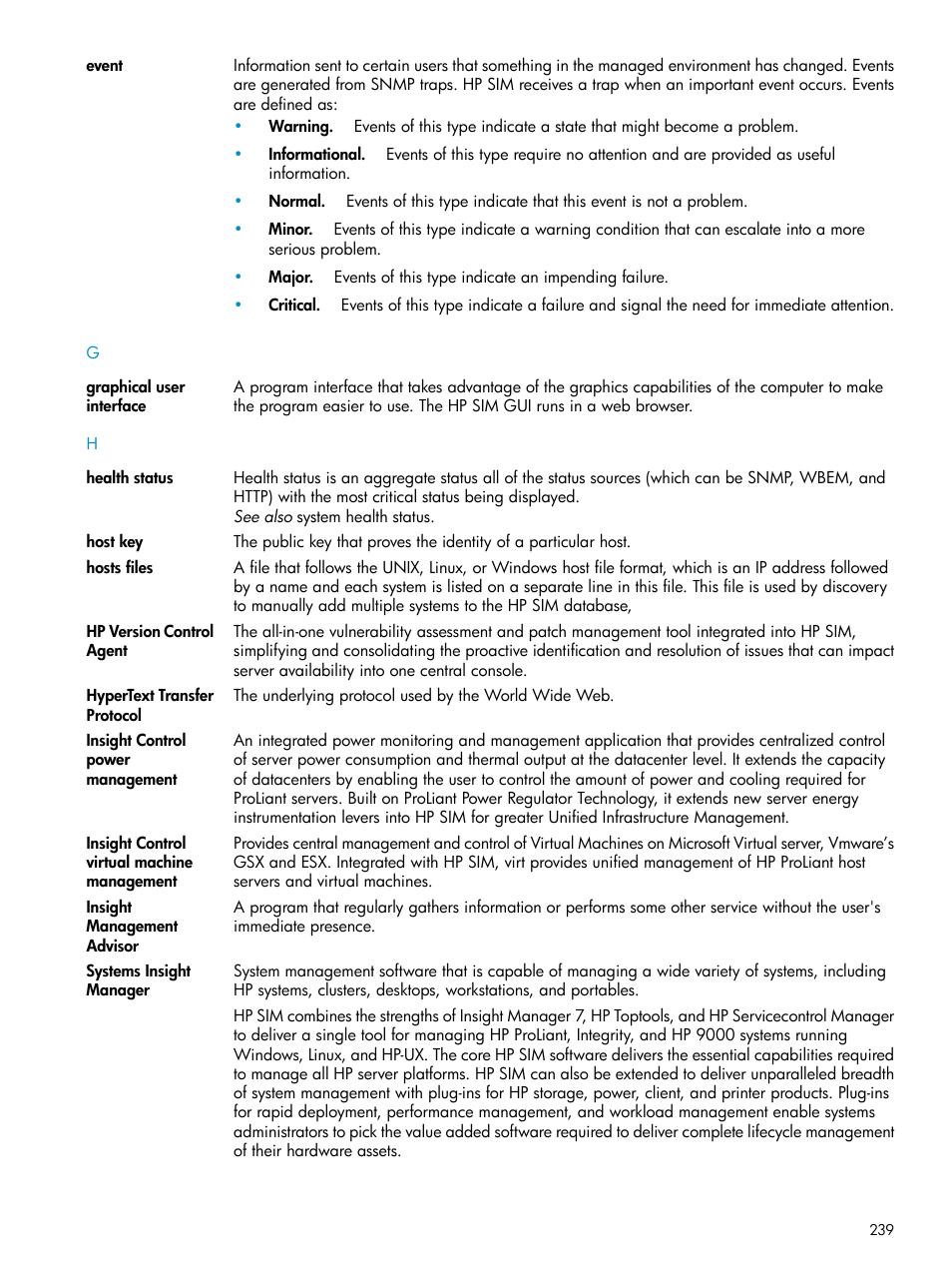 Graphical user interface, Event, Health status | Insight management advisor, Events | HP Systems Insight Manager User Manual | Page 239 / 253