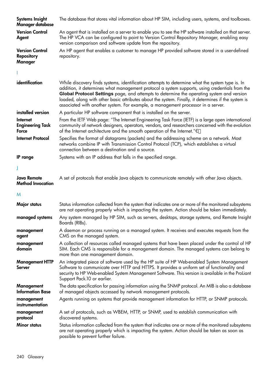 Managed systems, Management information base, Internet engineering task force | Management agent | HP Systems Insight Manager User Manual | Page 240 / 253
